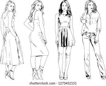 vector drawings on the theme of beautiful slim sporty girl in casual clothes in various poses painted ink hand sketch with no background