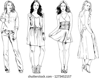 vector drawings on the theme of beautiful slim sporty girl in casual clothes in various poses painted ink hand sketch with no background