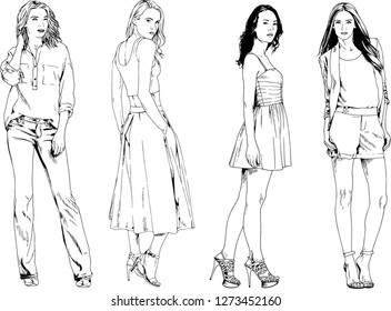 vector drawings on the theme of beautiful slim sporty girl in casual clothes in various poses painted ink hand sketch with no background