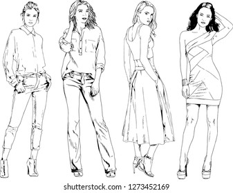 vector drawings on the theme of beautiful slim sporty girl in casual clothes in various poses painted ink hand sketch with no background