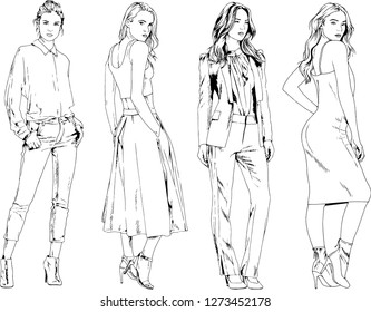 vector drawings on the theme of beautiful slim sporty girl in casual clothes in various poses painted ink hand sketch with no background