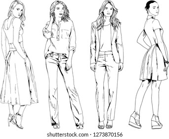 vector drawings on the theme of beautiful slim sporty girl in casual clothes in various poses painted ink hand sketch with no background