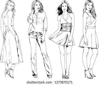 vector drawings on the theme of beautiful slim sporty girl in casual clothes in various poses painted ink hand sketch with no background