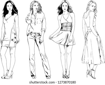 vector drawings on the theme of beautiful slim sporty girl in casual clothes in various poses painted ink hand sketch with no background