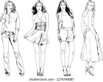 vector drawings on the theme of beautiful slim sporty girl in casual clothes in various poses painted ink hand sketch with no background