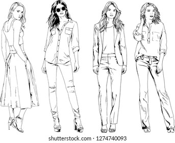 vector drawings on the theme of beautiful slim sporty girl in casual clothes in various poses painted ink hand sketch with no background