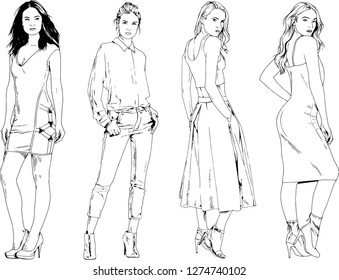 vector drawings on the theme of beautiful slim sporty girl in casual clothes in various poses painted ink hand sketch with no background
