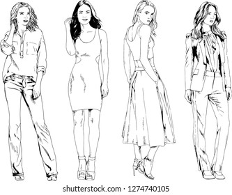 vector drawings on the theme of beautiful slim sporty girl in casual clothes in various poses painted ink hand sketch with no background