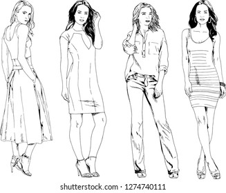 vector drawings on the theme of beautiful slim sporty girl in casual clothes in various poses painted ink hand sketch with no background