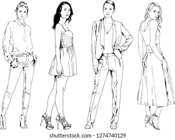 vector drawings on the theme of beautiful slim sporty girl in casual clothes in various poses painted ink hand sketch with no background