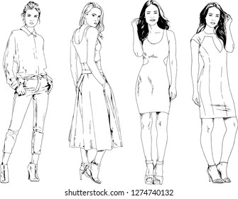 vector drawings on the theme of beautiful slim sporty girl in casual clothes in various poses painted ink hand sketch with no background