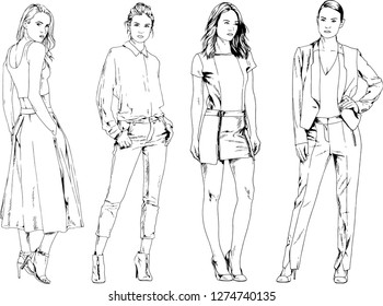 vector drawings on the theme of beautiful slim sporty girl in casual clothes in various poses painted ink hand sketch with no background