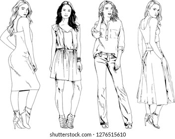 vector drawings on the theme of beautiful slim sporty girl in casual clothes in various poses painted ink hand sketch with no background