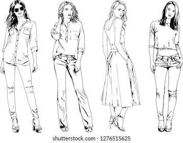 vector drawings on the theme of beautiful slim sporty girl in casual clothes in various poses painted ink hand sketch with no background