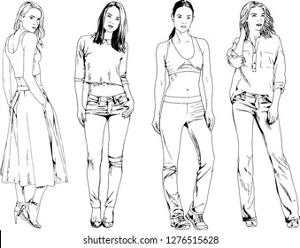 vector drawings on the theme of beautiful slim sporty girl in casual clothes in various poses painted ink hand sketch with no background