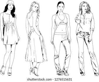 vector drawings on the theme of beautiful slim sporty girl in casual clothes in various poses painted ink hand sketch with no background