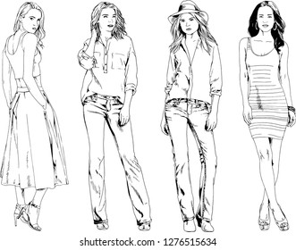 vector drawings on the theme of beautiful slim sporty girl in casual clothes in various poses painted ink hand sketch with no background