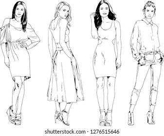 vector drawings on the theme of beautiful slim sporty girl in casual clothes in various poses painted ink hand sketch with no background