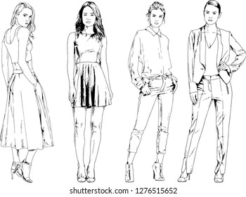 vector drawings on the theme of beautiful slim sporty girl in casual clothes in various poses painted ink hand sketch with no background