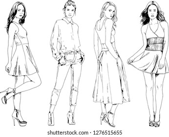 vector drawings on the theme of beautiful slim sporty girl in casual clothes in various poses painted ink hand sketch with no background