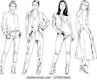 vector drawings on the theme of beautiful slim sporty girl in casual clothes in various poses painted ink hand sketch with no background
