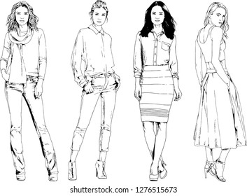 vector drawings on the theme of beautiful slim sporty girl in casual clothes in various poses painted ink hand sketch with no background