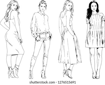vector drawings on the theme of beautiful slim sporty girl in casual clothes in various poses painted ink hand sketch with no background