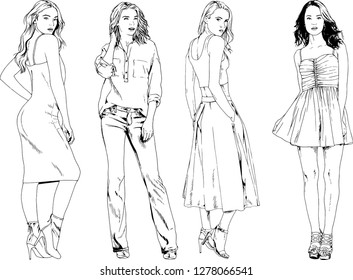vector drawings on the theme of beautiful slim sporty girl in casual clothes in various poses painted ink hand sketch with no background