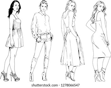 vector drawings on the theme of beautiful slim sporty girl in casual clothes in various poses painted ink hand sketch with no background
