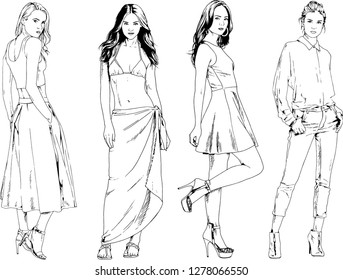 vector drawings on the theme of beautiful slim sporty girl in casual clothes in various poses painted ink hand sketch with no background