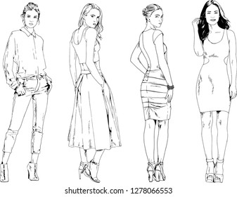 vector drawings on the theme of beautiful slim sporty girl in casual clothes in various poses painted ink hand sketch with no background