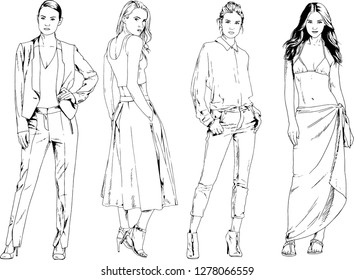 vector drawings on the theme of beautiful slim sporty girl in casual clothes in various poses painted ink hand sketch with no background