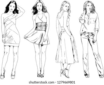 vector drawings on the theme of beautiful slim sporty girl in casual clothes in various poses painted ink hand sketch with no background