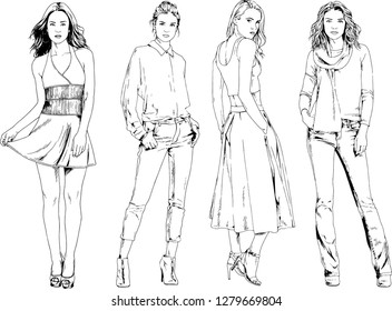 vector drawings on the theme of beautiful slim sporty girl in casual clothes in various poses painted ink hand sketch with no background