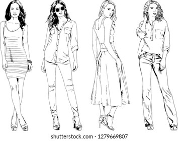 vector drawings on the theme of beautiful slim sporty girl in casual clothes in various poses painted ink hand sketch with no background