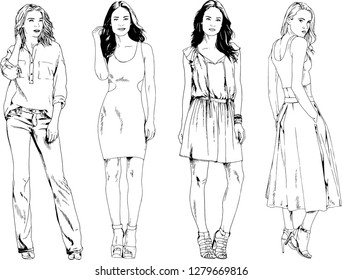vector drawings on the theme of beautiful slim sporty girl in casual clothes in various poses painted ink hand sketch with no background