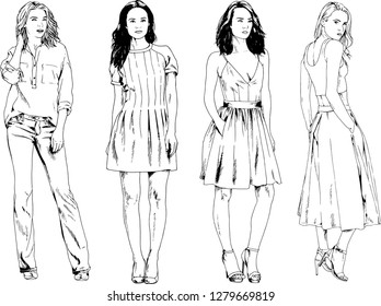 vector drawings on the theme of beautiful slim sporty girl in casual clothes in various poses painted ink hand sketch with no background