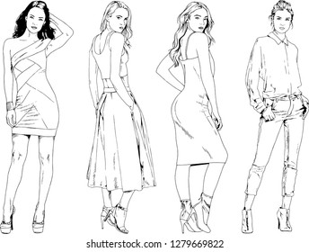 vector drawings on the theme of beautiful slim sporty girl in casual clothes in various poses painted ink hand sketch with no background
