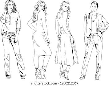 vector drawings on the theme of beautiful slim sporty girl in casual clothes in various poses painted ink hand sketch with no background