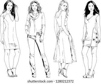 vector drawings on the theme of beautiful slim sporty girl in casual clothes in various poses painted ink hand sketch with no background