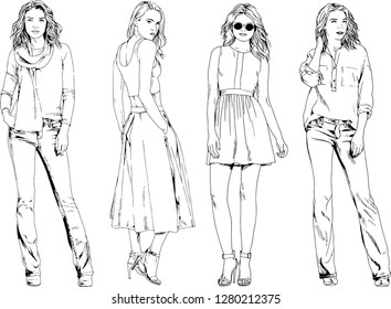 vector drawings on the theme of beautiful slim sporty girl in casual clothes in various poses painted ink hand sketch with no background