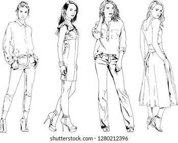 vector drawings on the theme of beautiful slim sporty girl in casual clothes in various poses painted ink hand sketch with no background