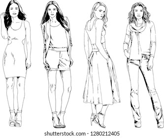 vector drawings on the theme of beautiful slim sporty girl in casual clothes in various poses painted ink hand sketch with no background