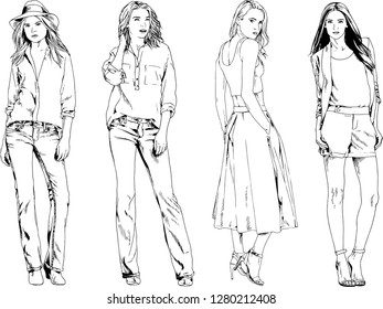 vector drawings on the theme of beautiful slim sporty girl in casual clothes in various poses painted ink hand sketch with no background