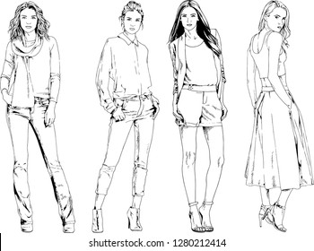 vector drawings on the theme of beautiful slim sporty girl in casual clothes in various poses painted ink hand sketch with no background