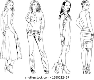 vector drawings on the theme of beautiful slim sporty girl in casual clothes in various poses painted ink hand sketch with no background