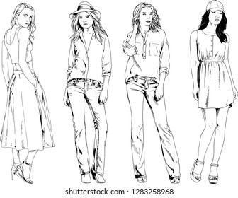 vector drawings on the theme of beautiful slim sporty girl in casual clothes in various poses painted ink hand sketch with no background