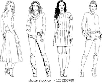vector drawings on the theme of beautiful slim sporty girl in casual clothes in various poses painted ink hand sketch with no background