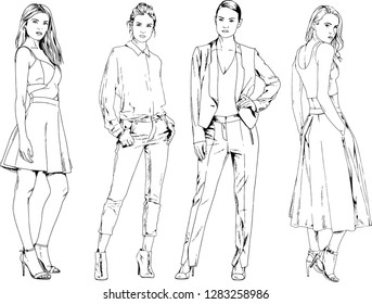 vector drawings on the theme of beautiful slim sporty girl in casual clothes in various poses painted ink hand sketch with no background