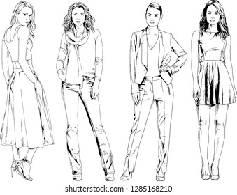vector drawings on the theme of beautiful slim sporty girl in casual clothes in various poses painted ink hand sketch with no background